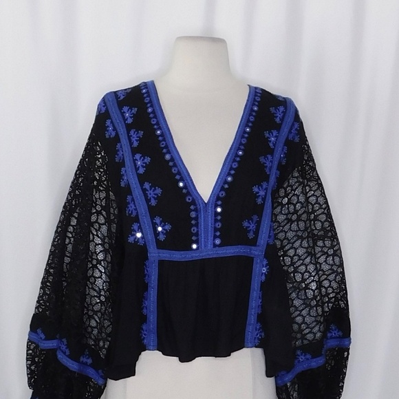 FREE PEOPLE Boogie All Night Balloon Lace Sleeve Top Blouse Embroidered Small - Picture 4 of 15